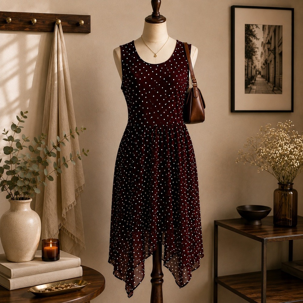 Elle Polka Dot Handkerchief Hem Dress M Burgundy Sleeveless 90s Retro Feminine